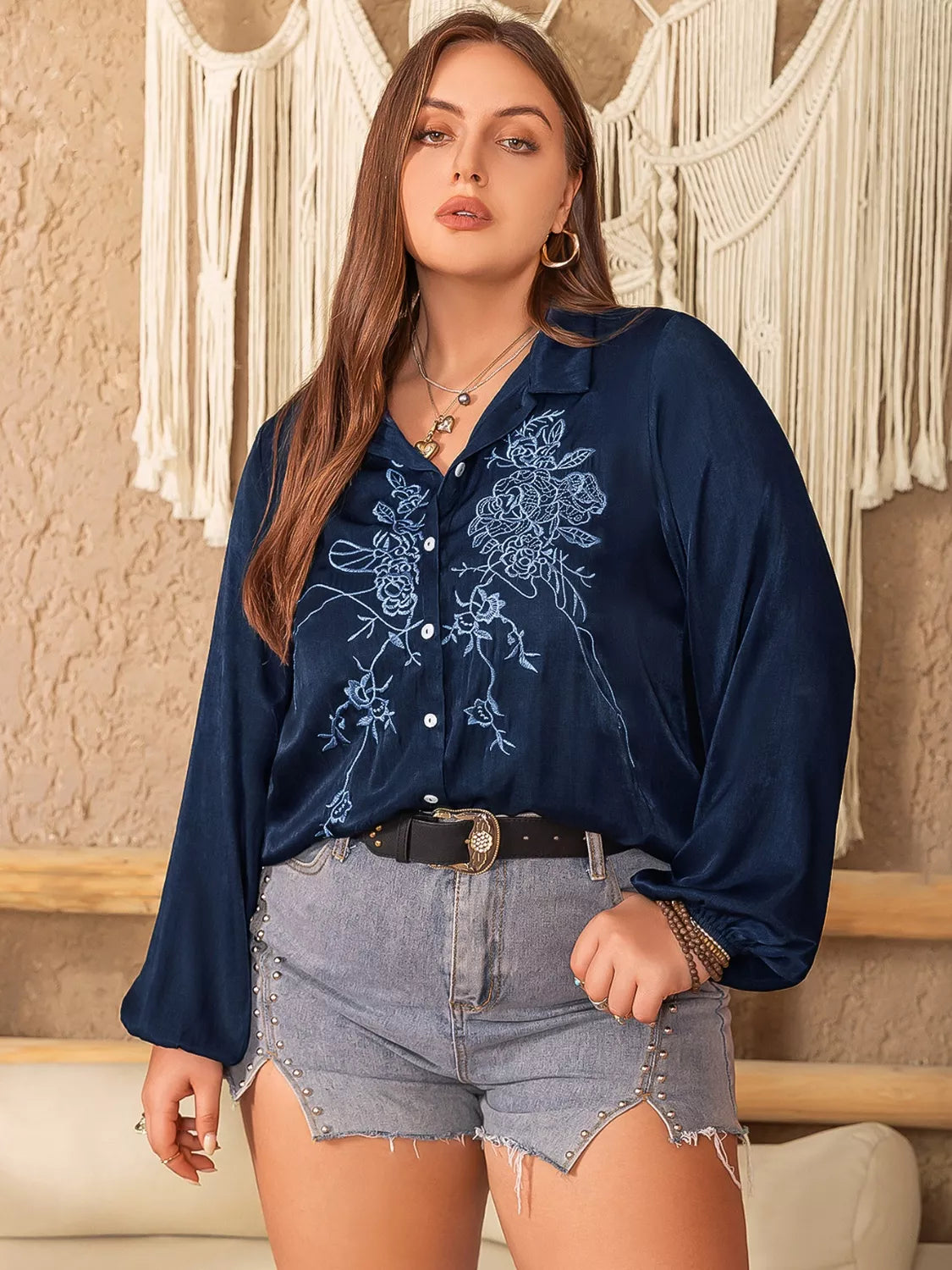 Plus Size Embroidered Long Sleeve Shirt Dark Blue -