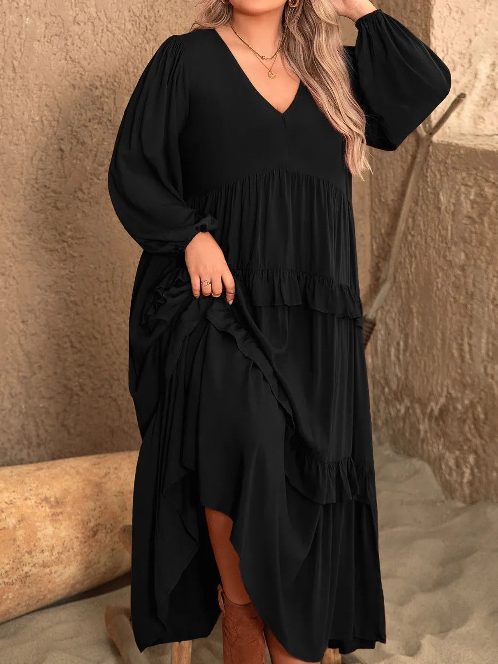 Plus Size Ruffled V-Neck Long Sleeve Dress -