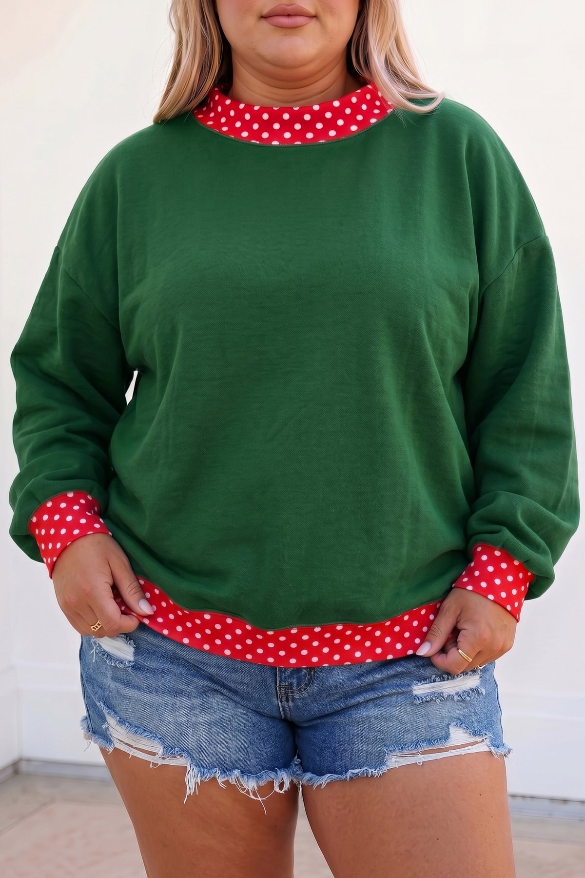 Tillandsia Purple Polka Dot Patchwork Round Neck Plus Size Sweatshirt Dark Green 50%Polyester+50%Cotton - Plus Size/Plus Size Sweatshirts & Hoodies