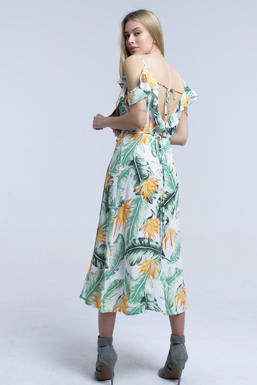White midi dress in tropical leaves - dress
