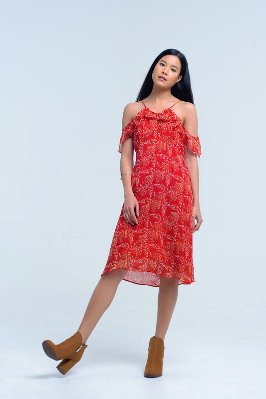 Red dress with printed flowers and ruffles - dress
