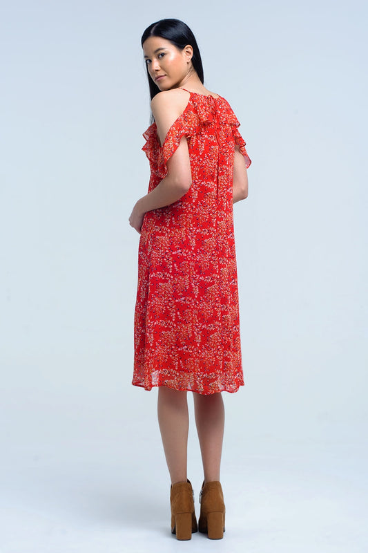 Red dress with printed flowers and ruffles - dress