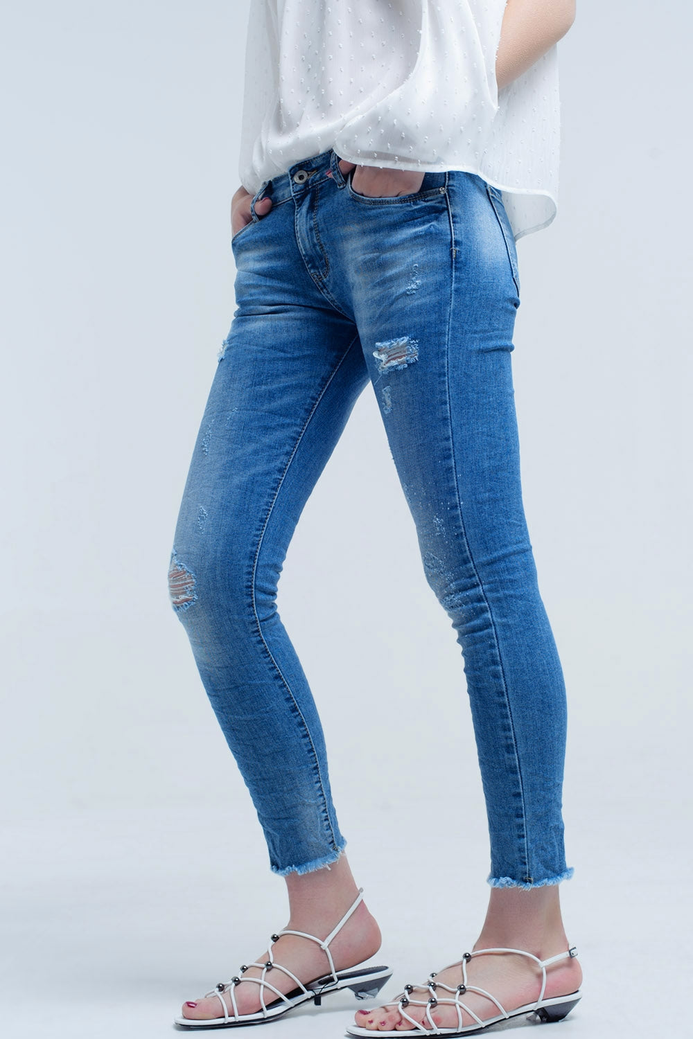 Skinny jeans in medium wash with rips - Denim
