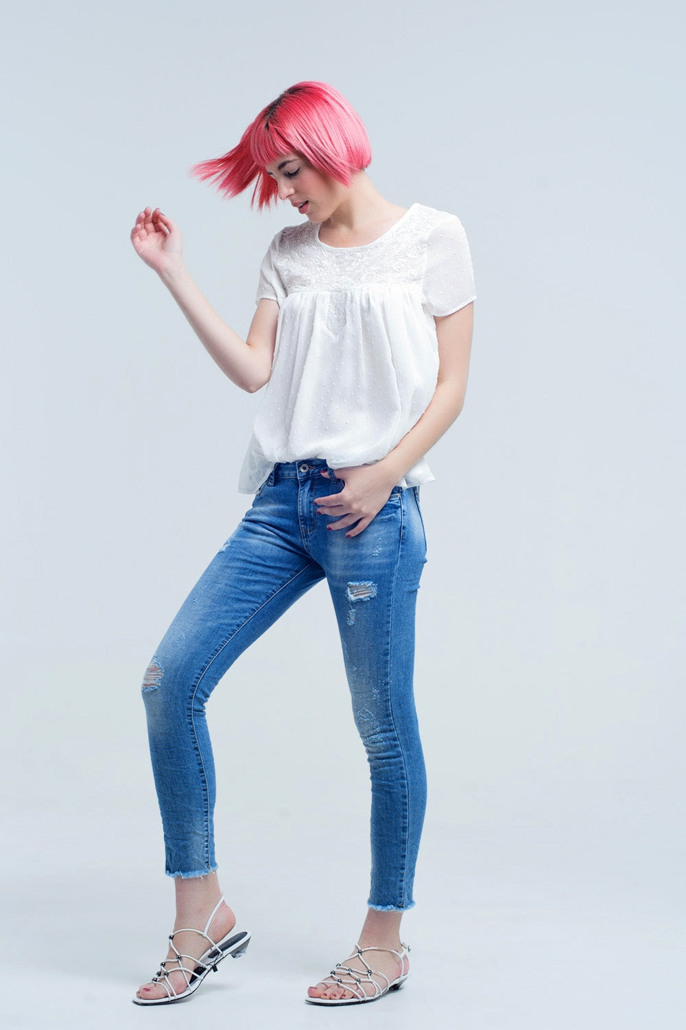 Skinny jeans in medium wash with rips - Denim