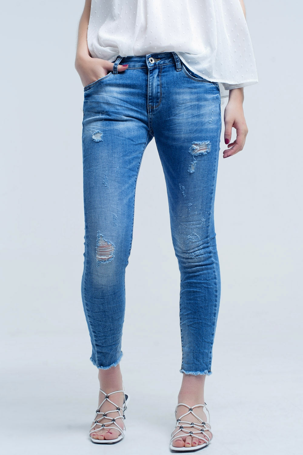 Skinny jeans in medium wash with rips - Denim