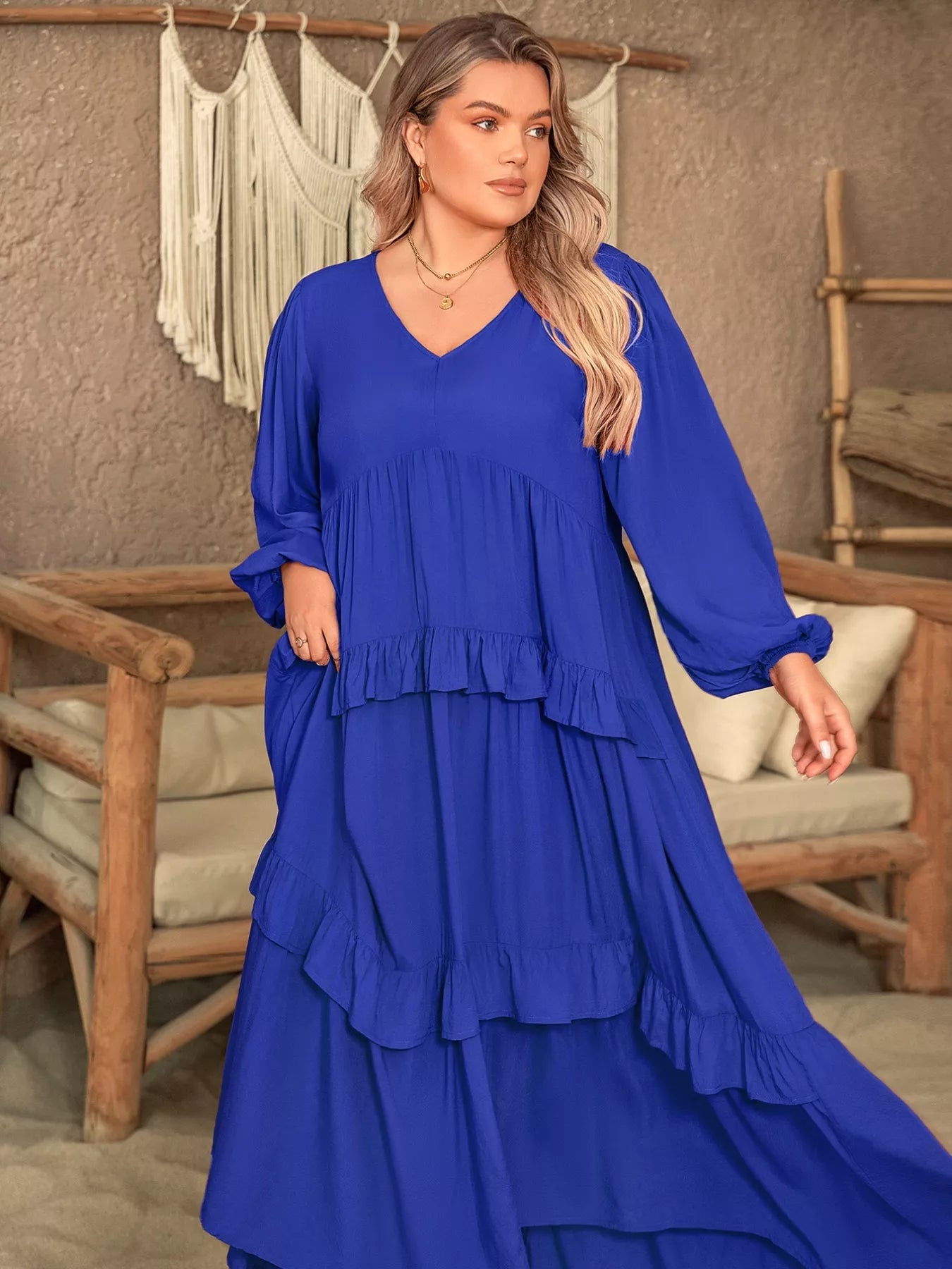 Plus Size Balloon Sleeve Ruffle Tiered Flowy Dress -