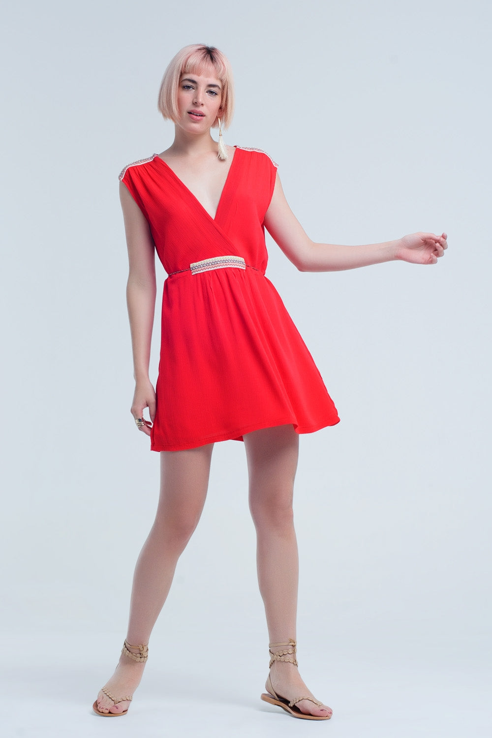 Red mini dress with embroidery - dress