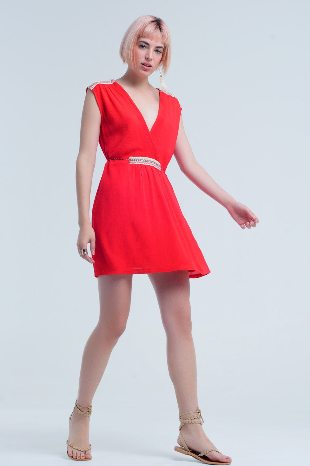Red mini dress with embroidery - dress