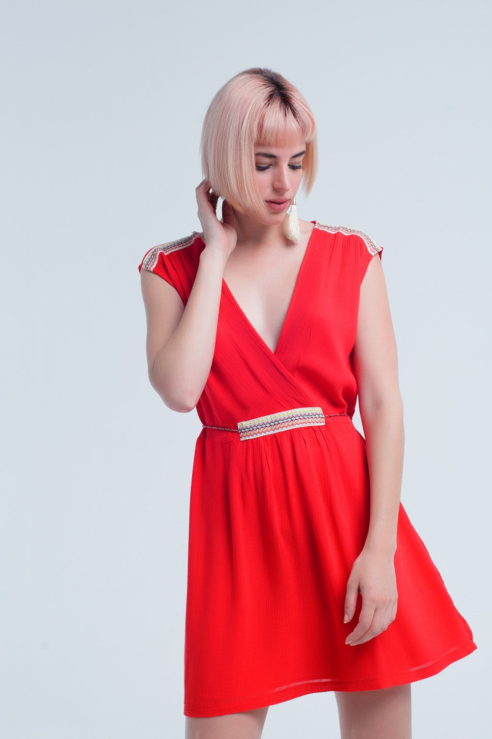 Red mini dress with embroidery - dress
