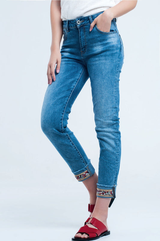 Straight ankle jeans with crystal detail - Denim