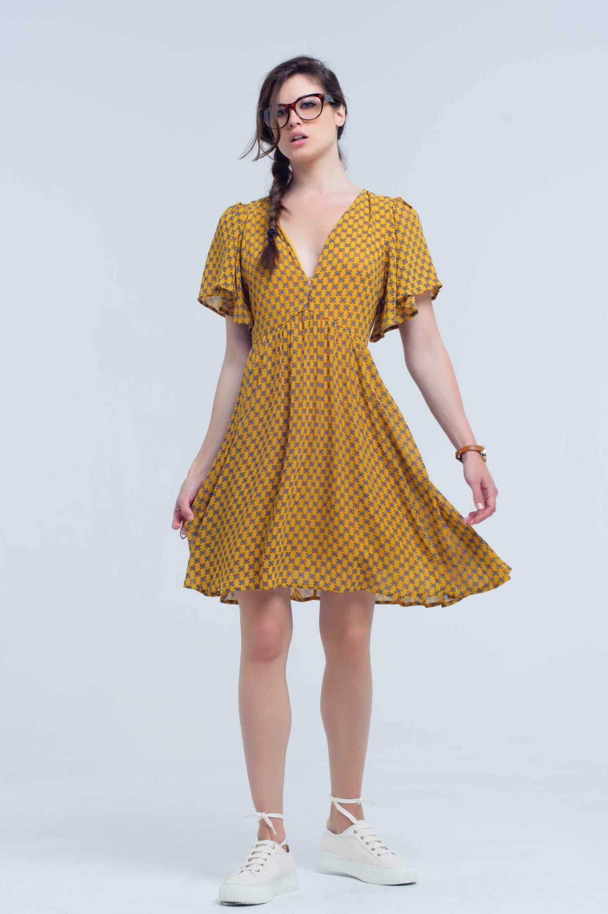 Yellow dress with flight and geometric pattern - dress