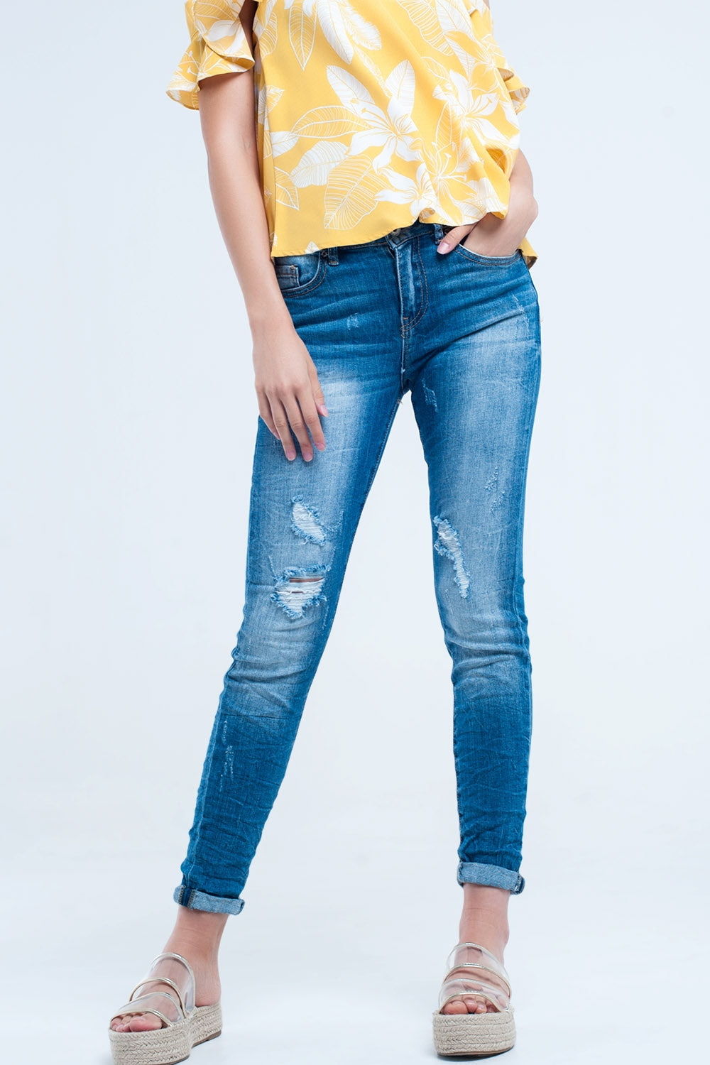 Mid wash fitted jeans with rips - Denim