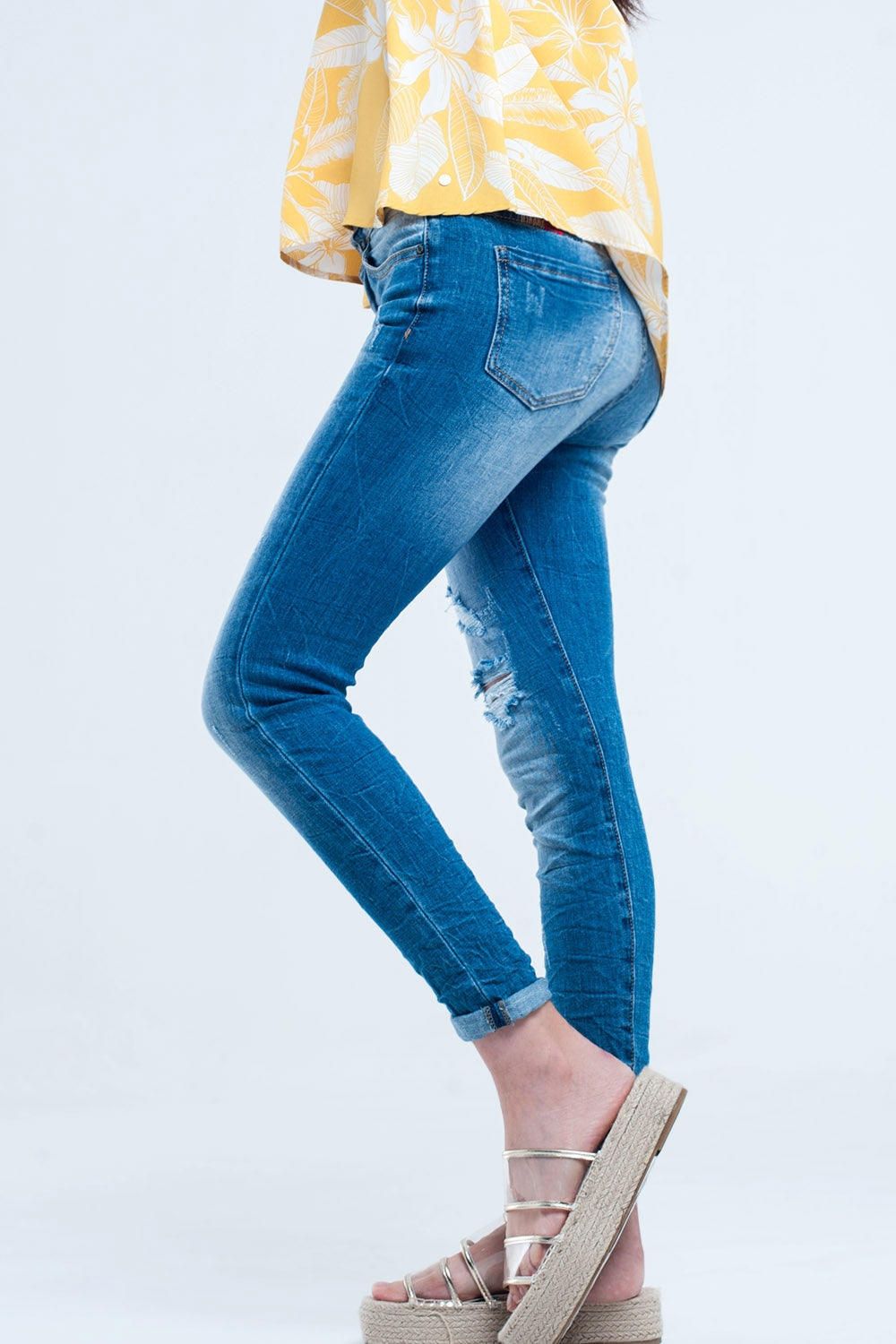 Mid wash fitted jeans with rips - Denim