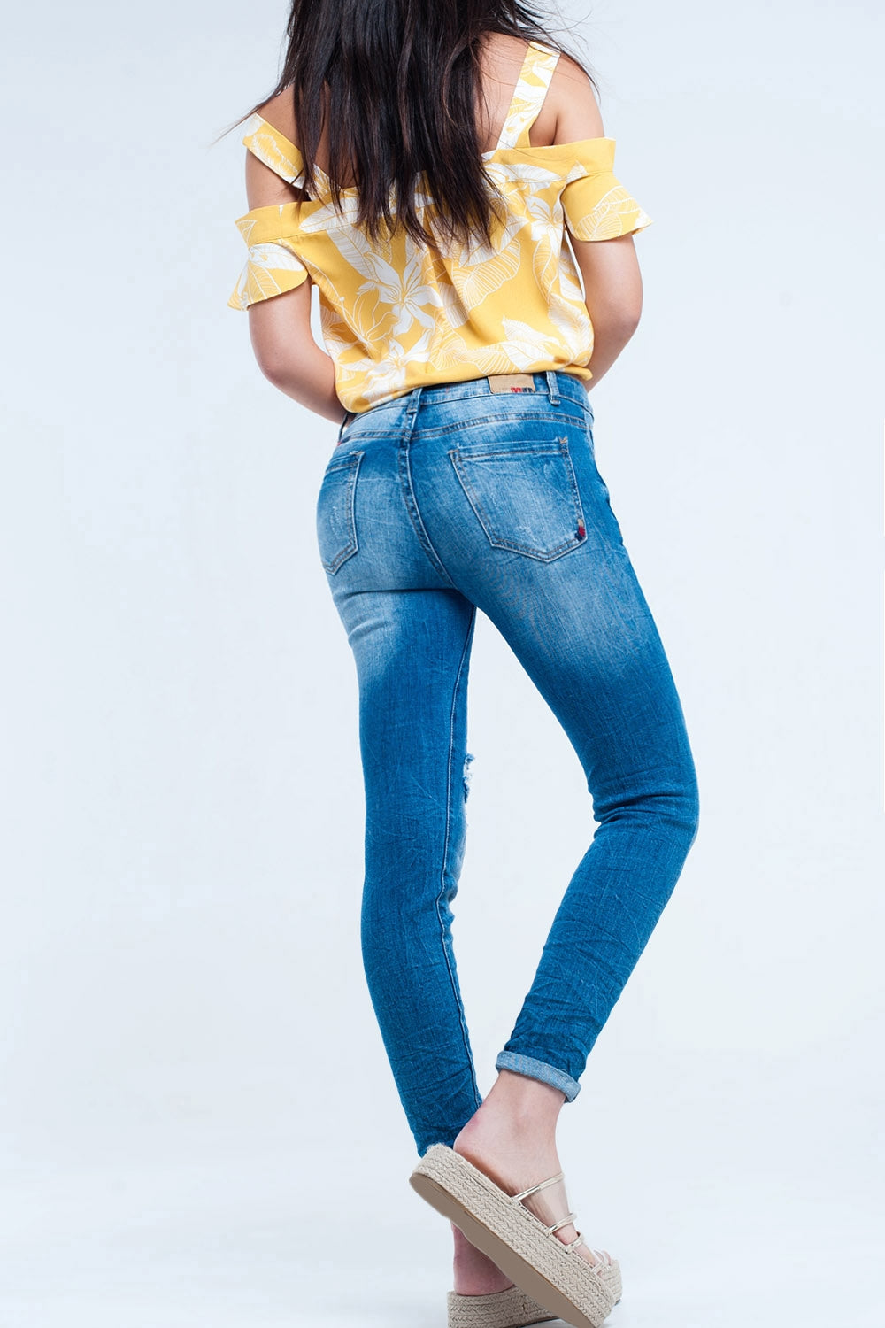 Mid wash fitted jeans with rips - Denim