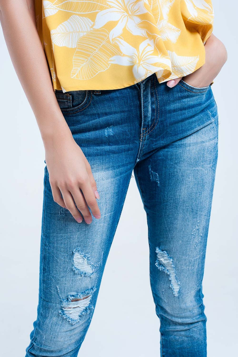 Mid wash fitted jeans with rips - Denim