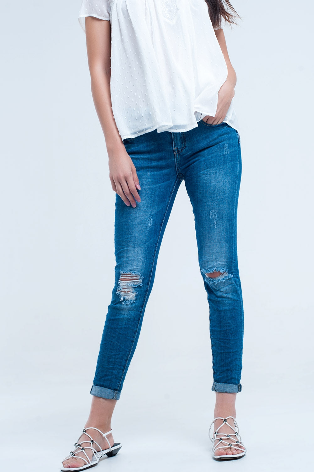 Skinny elastic jeans with rips - Denim