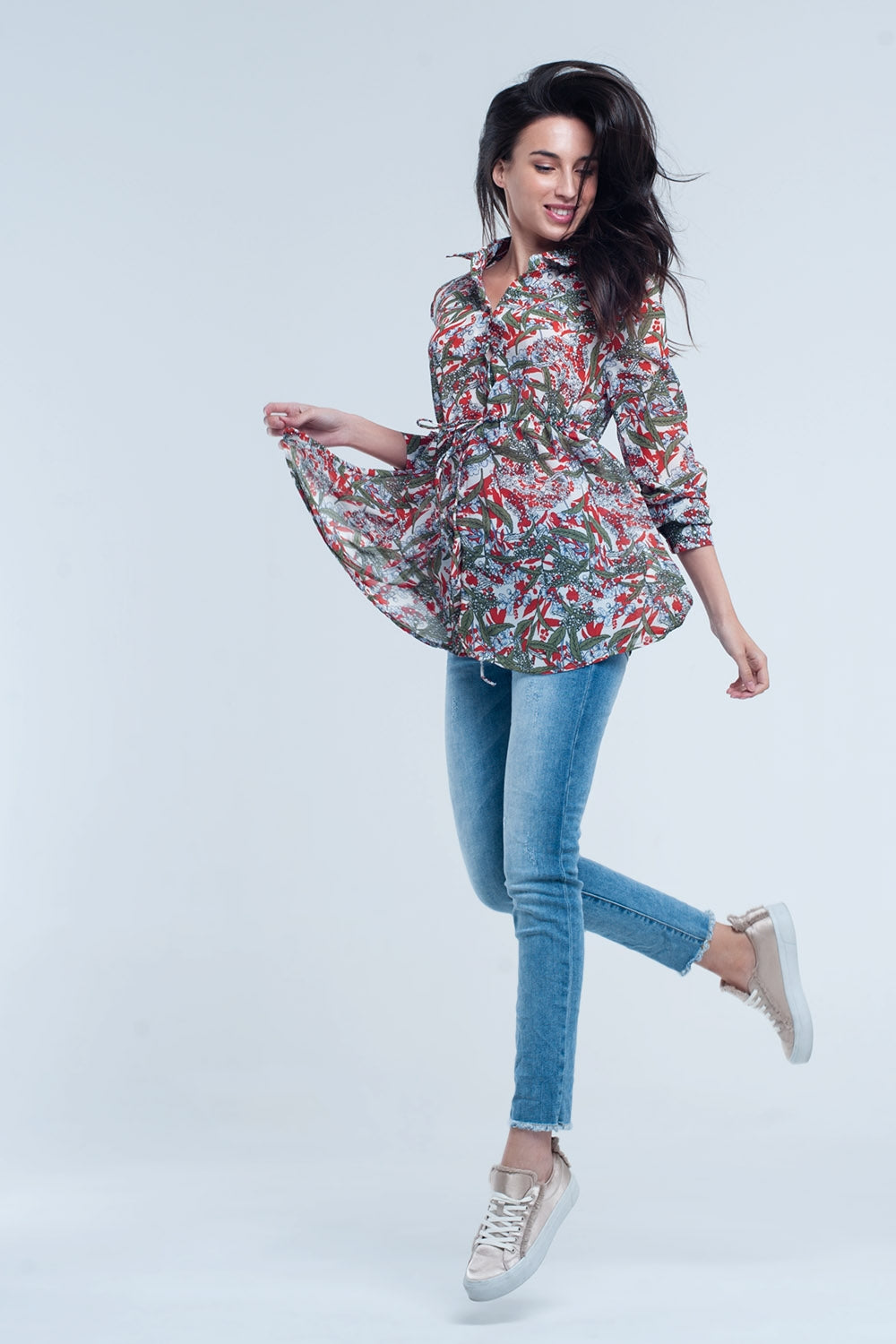 Red shirt with leaf and flower print - Shirts