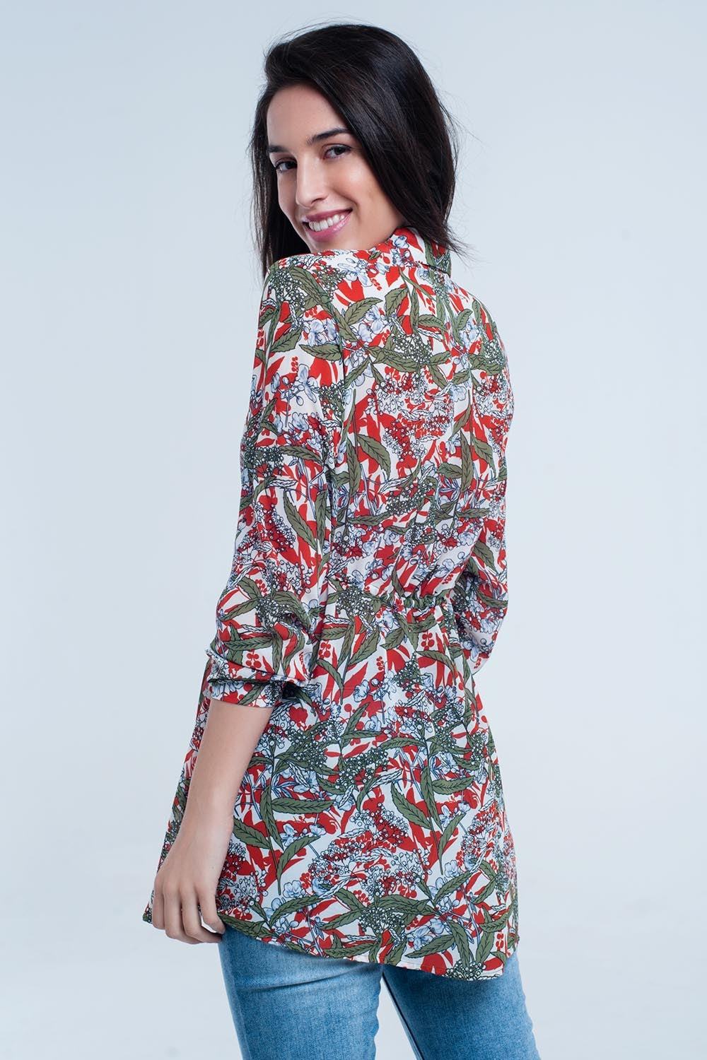 Red shirt with leaf and flower print - Shirts