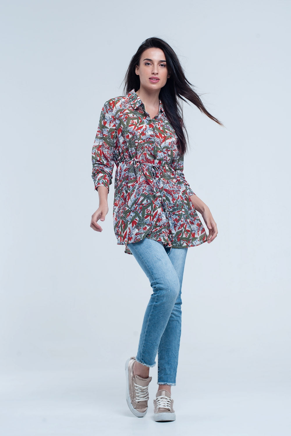 Red shirt with leaf and flower print - Shirts