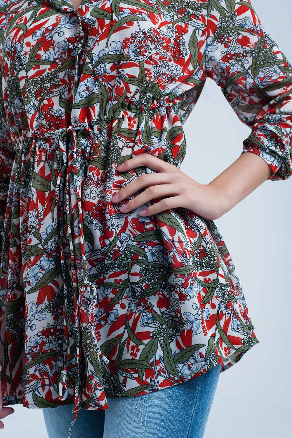 Red shirt with leaf and flower print - Shirts