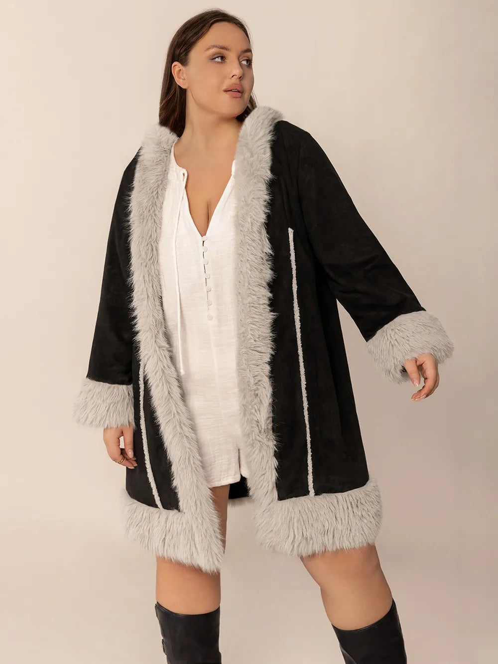 Plus Size Fuzzy Trim Open Front Long Sleeve Hooded Coat -