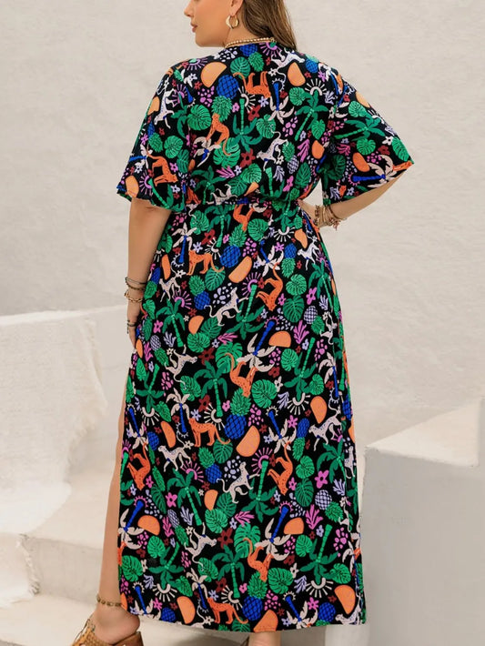 Plus Size Printed Maxi Split Dress -