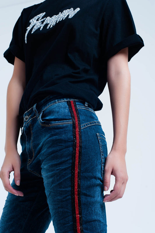 Dark blue boyfriend jeans with red sideband - Denim