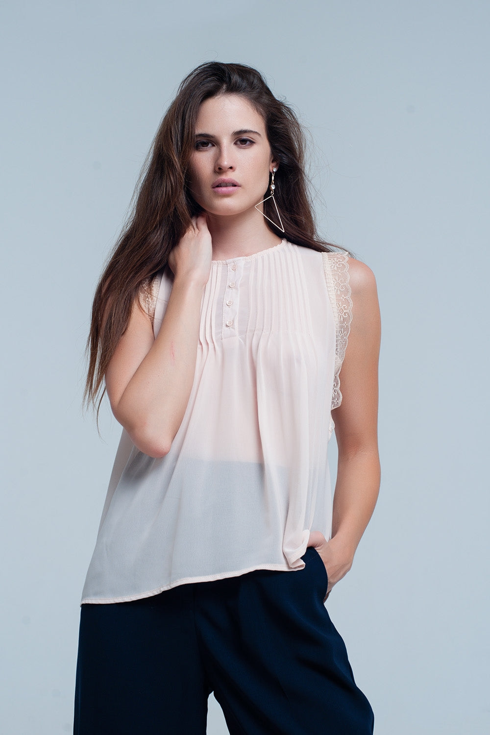 Beige sleeveless top with lace details - Shirts