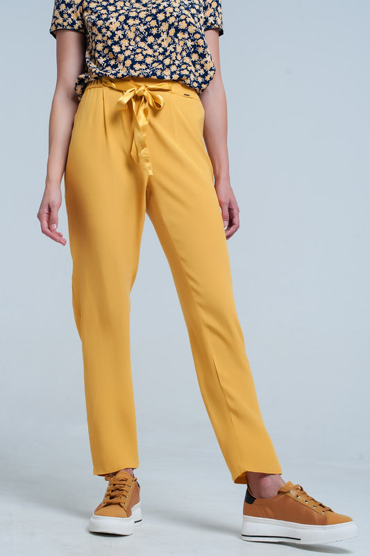 Mustard slim fit pants with satin belt - trousers