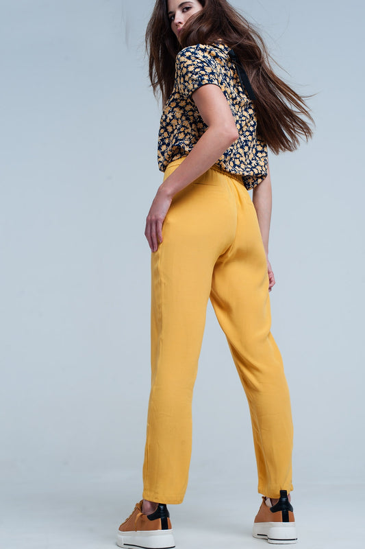 Mustard slim fit pants with satin belt - trousers