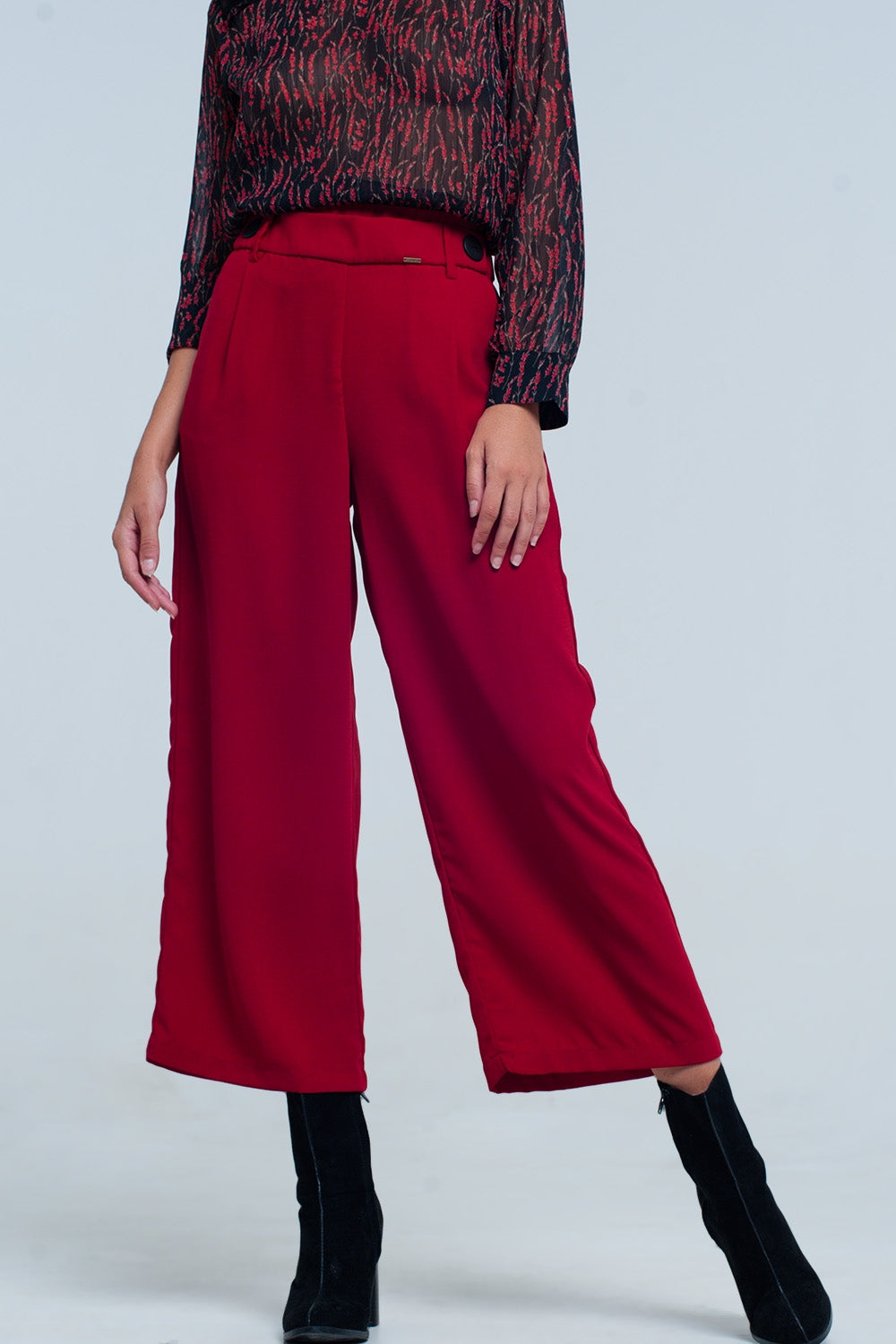 Red wide leg culottes with belt detail - trousers