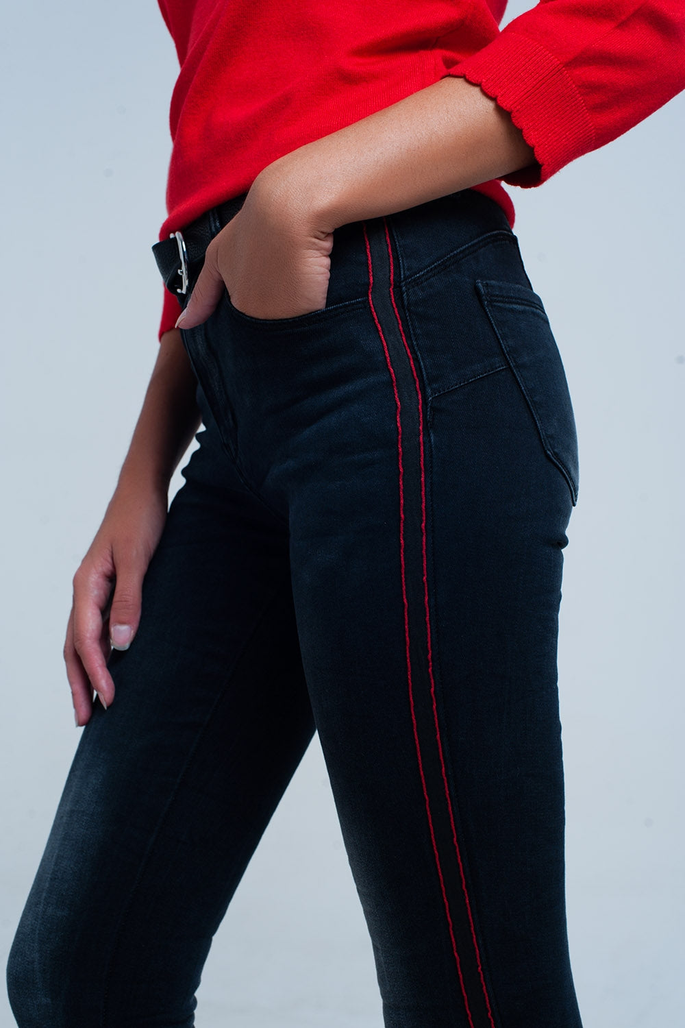 Black skinny leg jeans with side stripe - Denim