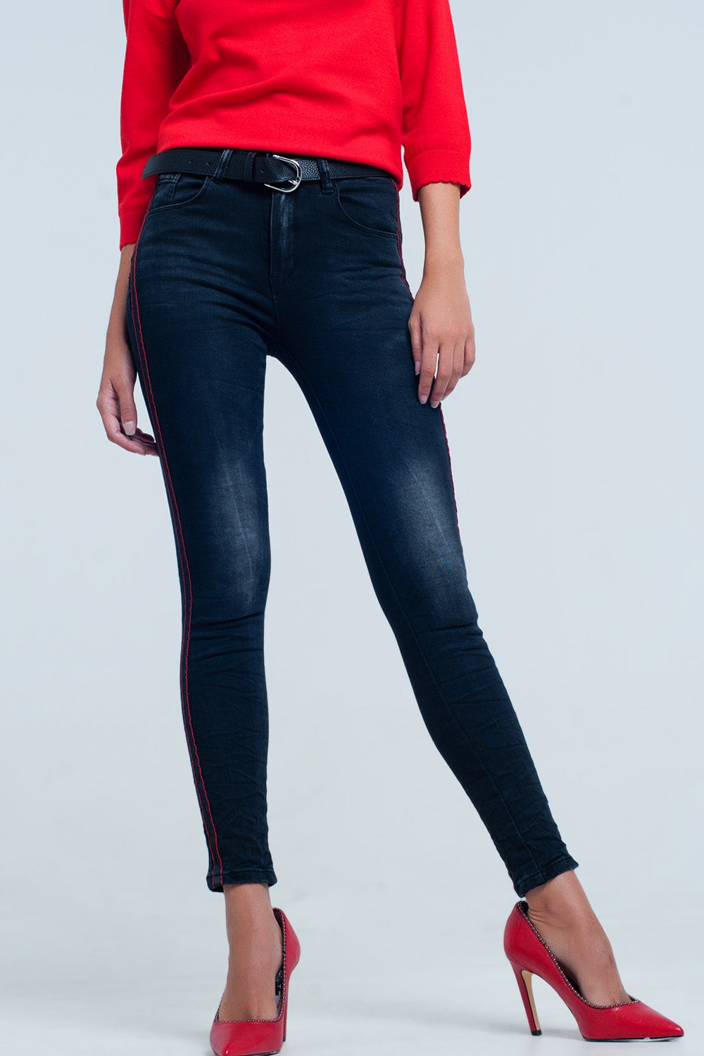 Black skinny leg jeans with side stripe - Denim