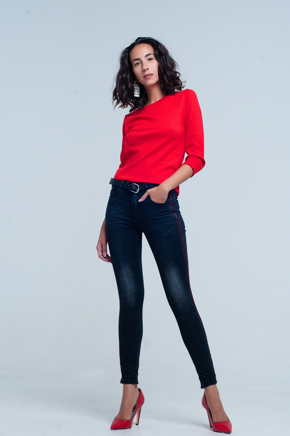 Black skinny leg jeans with side stripe - Denim