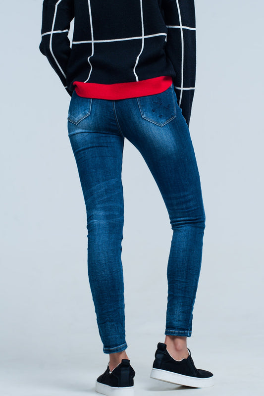 Skinny Jeans with detail Embroidered Pocket - Denim
