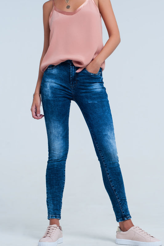 high waist skinny jeans in bright blue wash - Denim
