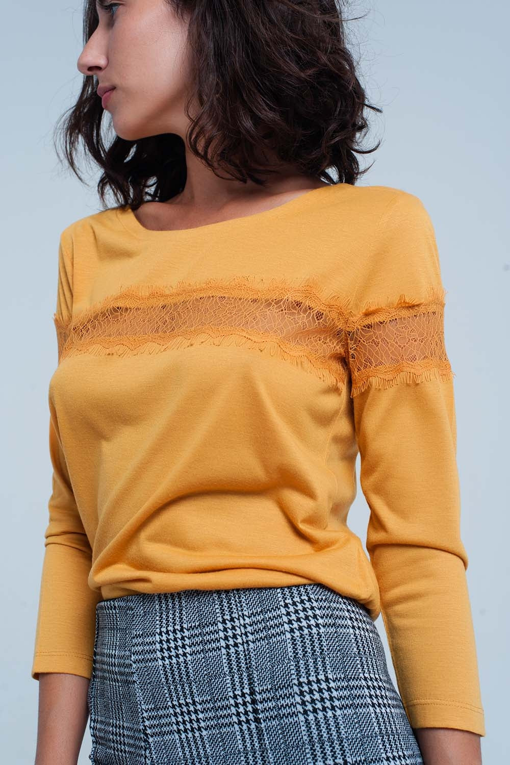 Mustard 3/4 Sleeve T-Shirt With Eyelash Trim - top