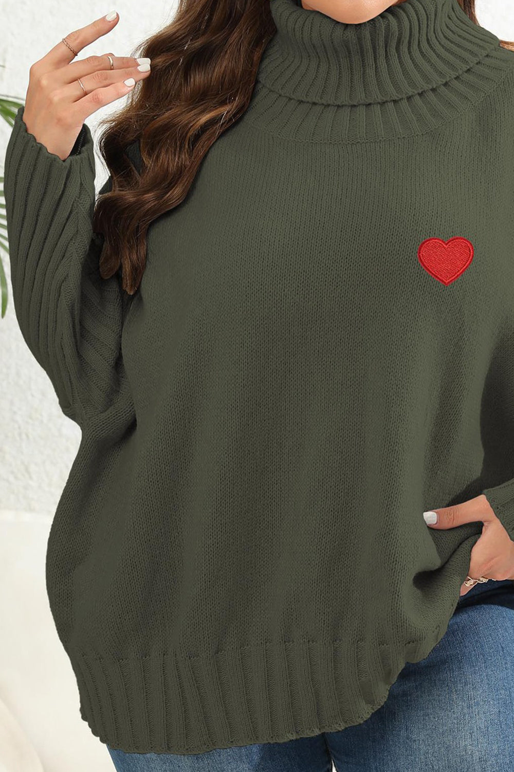 Plus Size Turtle Neck Jumper with Heart Patch - Sweaters