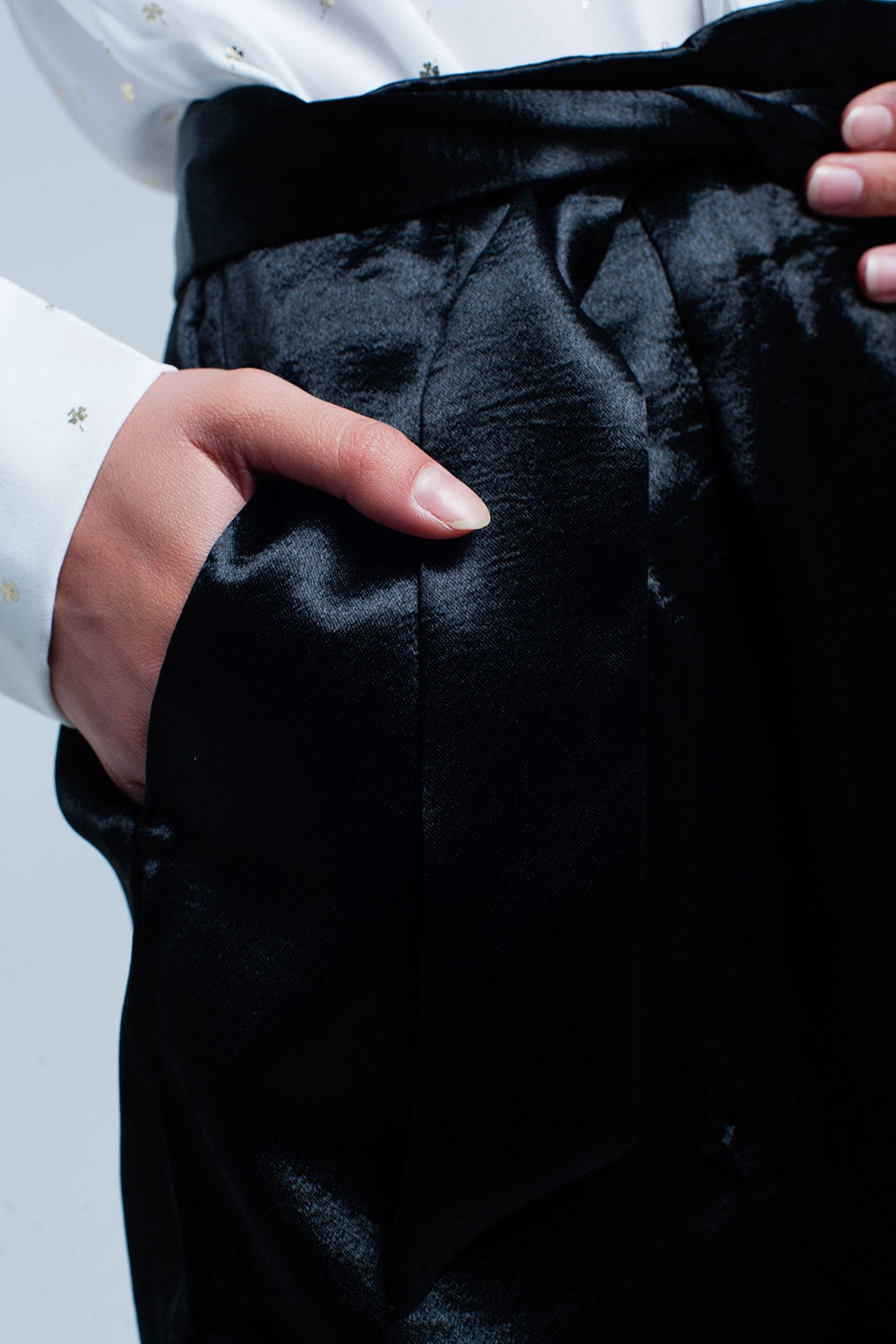Black Satin Shorts with Waist Tie
