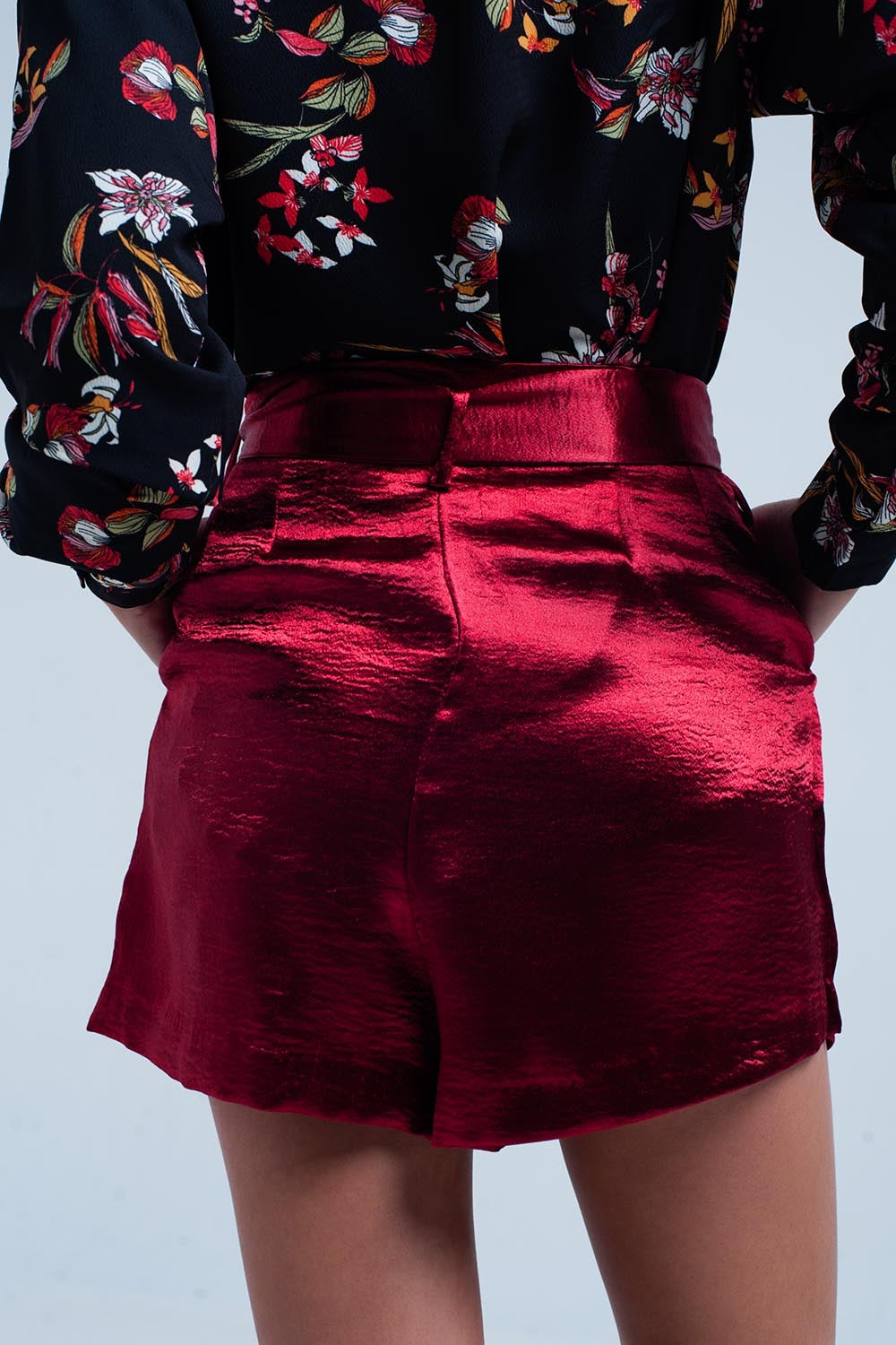 Red Satin Shorts with Waist Tie