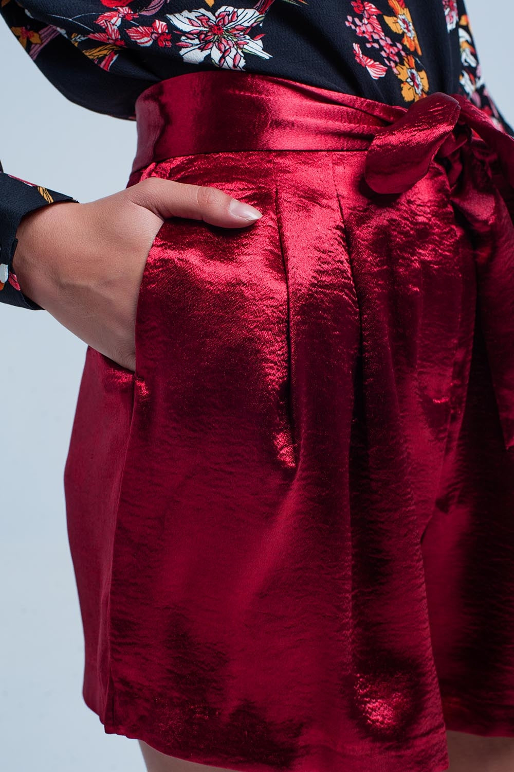 Red Satin Shorts with Waist Tie