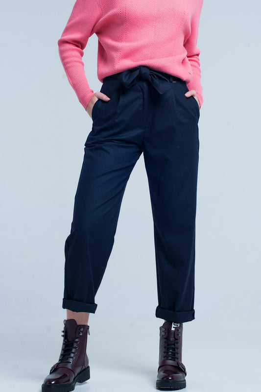 Navy Wide Pants with Bow Tie - trousers