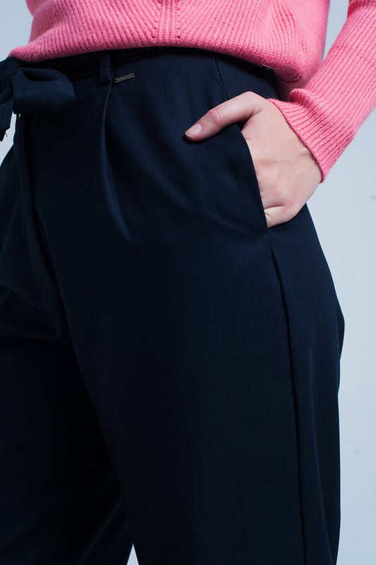 Navy Wide Pants with Bow Tie - trousers