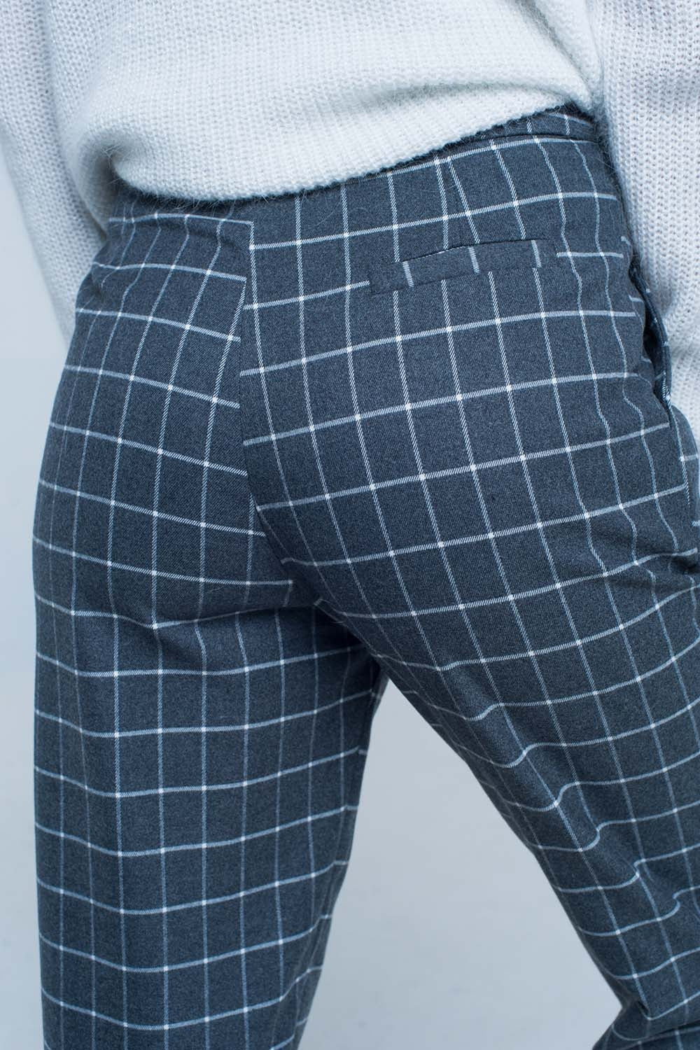 Grey Pants in White check Print - trousers