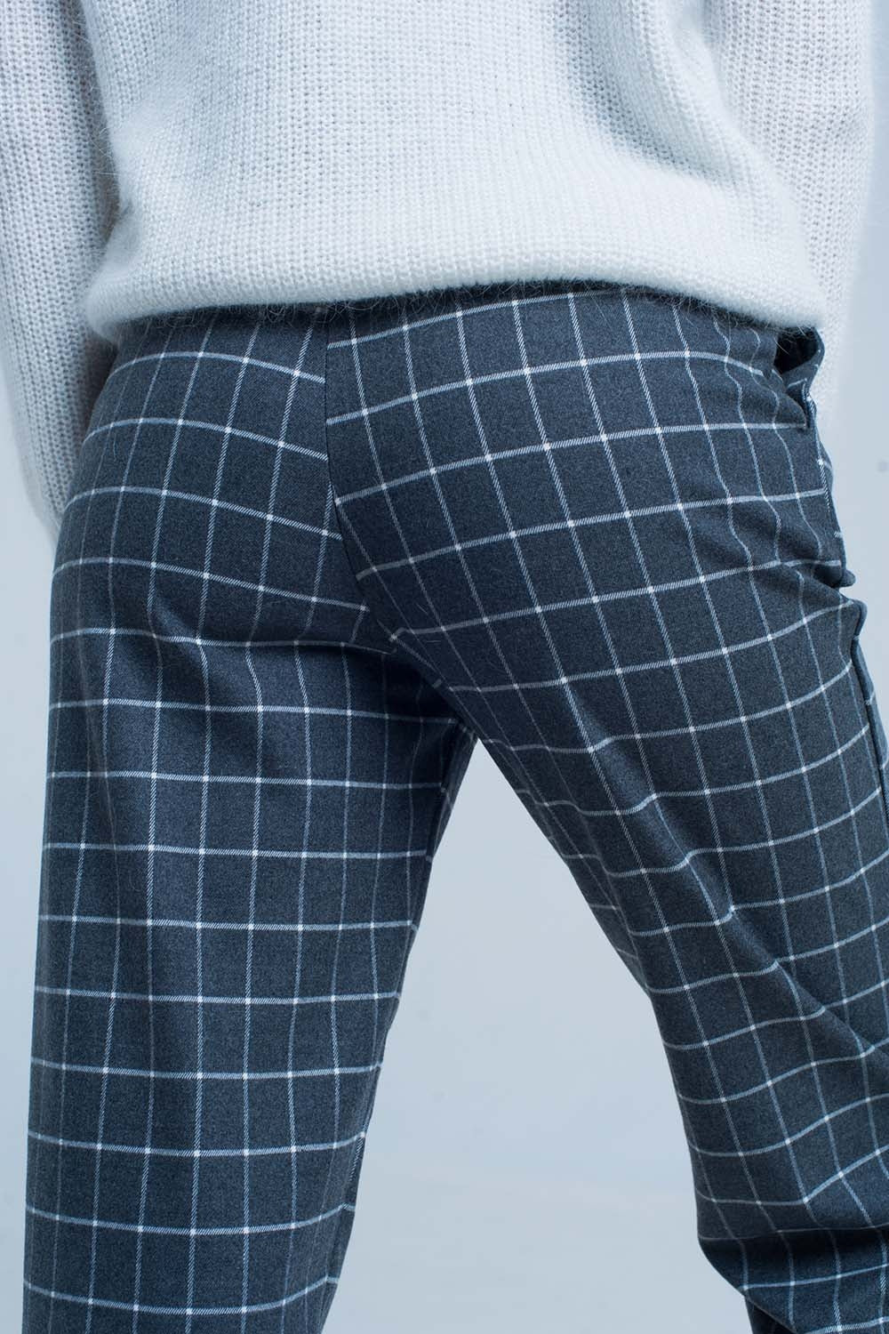 Grey Pants in White check Print - trousers