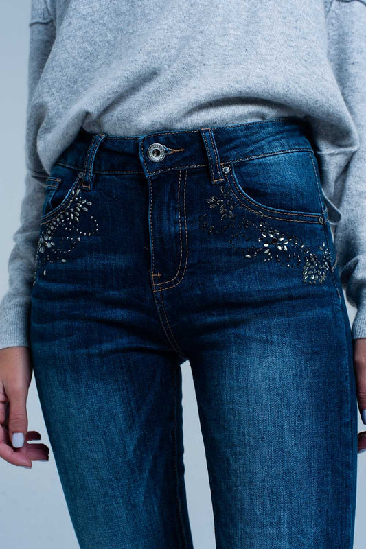Dark Wash high waist Jeans with Rhinestone Details - Denim