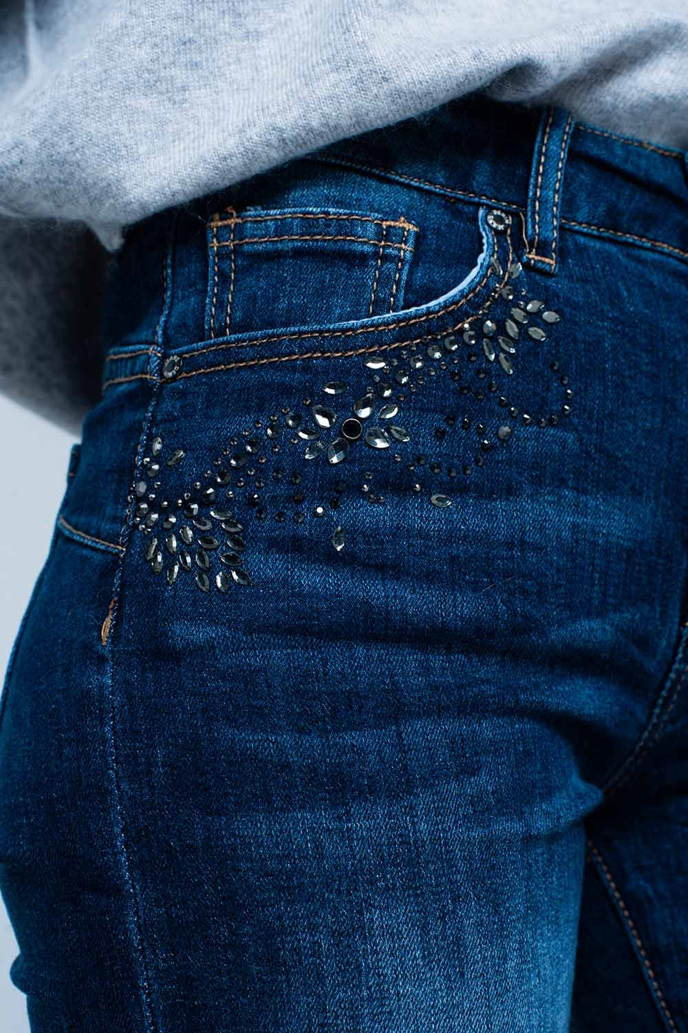 Dark Wash high waist Jeans with Rhinestone Details
