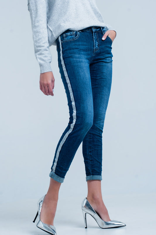 Dark Wash Jeans with Silver Shiny Side Stripe - Denim