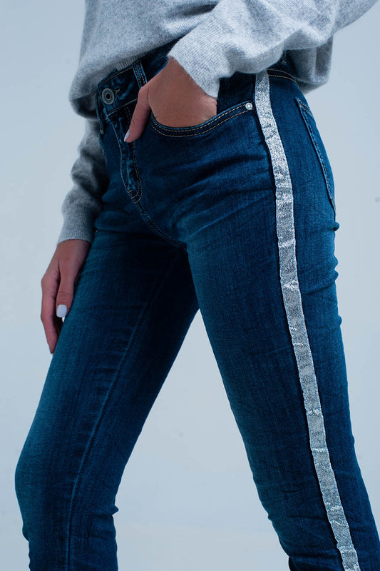 Dark Wash Jeans with Silver Shiny Side Stripe - Denim