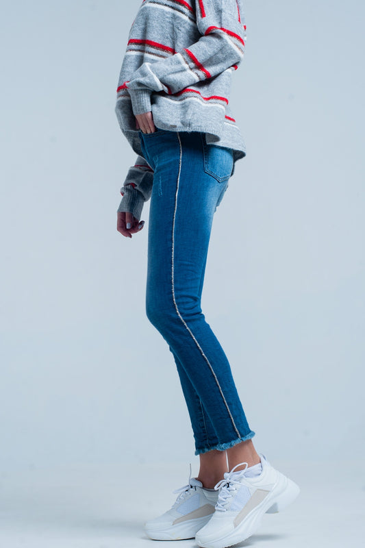 Fringed Skinny Jeans with Strass Side Stripe - Denim